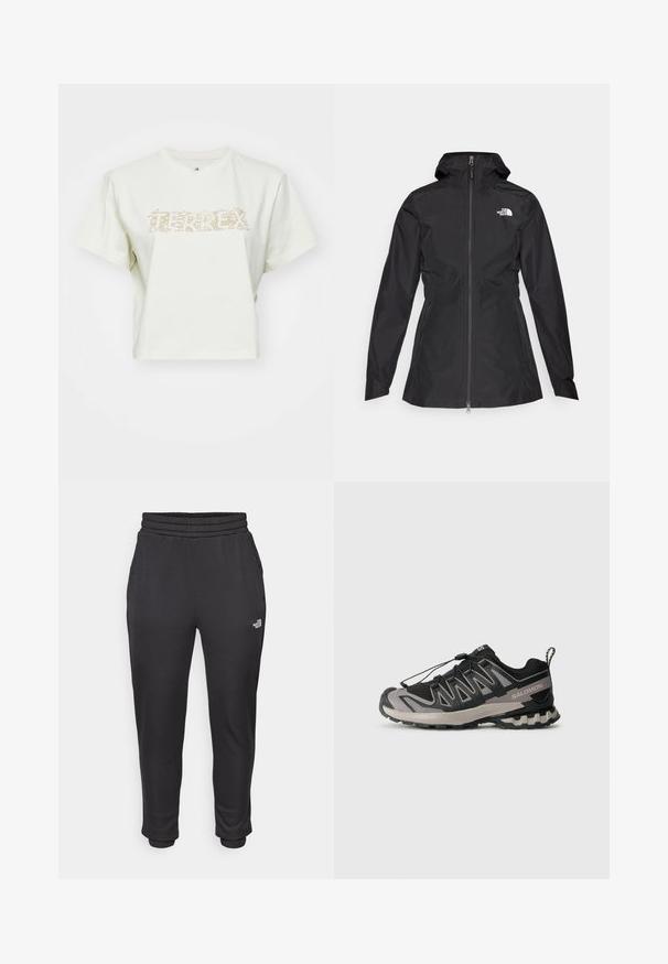 Černá voděodolná bunda s předním zipem, nastavitelnou kapucí a přizpůsobeným pasem. Obsahuje malé bílé logo na hrudi.; Zkrácený bílý tričko vyrobené z bavlny se světlým grafickým nápisem s přírodními prvky "TERREX." Krátké rukávy, kulatý výstřih.; Černé tepláky s elastickým pasem a manžetami, vyrobené z měkké tkaniny, s bočními kapsami a logem na levém stehně.; Černá a šedá sportovní obuv s síťovaným svrchem, gumovou podrážkou a elastickým šněrovacím systémem. Obsahuje zesílenou špičku a texturované akcenty.