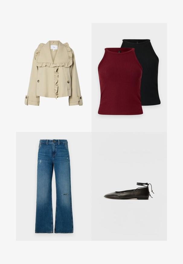 Beige lühike jakk, millel on volangiga krae ja esiosa. Omab nööpe sulgemiseks ja rullitud varrukaid, valmistatud siledast kangast.; Kaks ribaga varustatud särk: üks burdeos ja teine must. Mõlemal on kõrge kaelus ning need on kehakujulised ja sileda tekstuuriga.; Sinine teksakangast laiade jalgadega teksad, millel on tuhm tekstuur, esiosas kaks kulumiskohaga, nööp kinnitamine ja viie tasku disain.; Must mustast balletijalatsid, millel on terav nina, pahkluu seotud ja lame tall, sujuva tekstuuri ning minimalistlik disain.