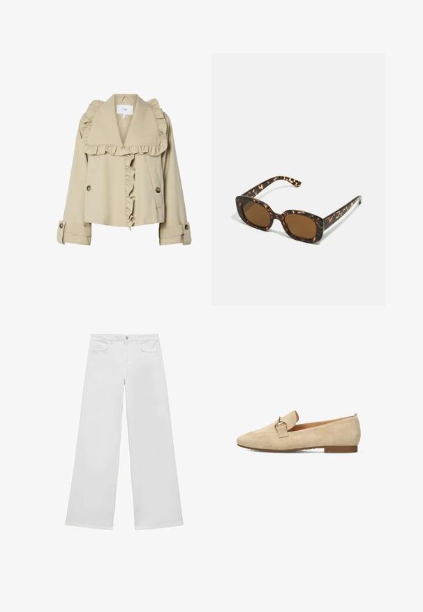 Veste beige courte avec col froncé et devant froncé. Dotée de fermetures à boutons et de manches retroussées, fabriquée dans un tissu lisse.; Débardeur blanc côtelé avec des bretelles fines, arborant un petit logo rouge Levi's sur le devant. Design simple et ajusté avec un ourlet droit.; Jeans blancs à jambe large en denim avec un devant plat, deux poches avant et une fermeture à bouton, présentant une coupe droite et sans motifs visibles.; Mocassins en daim beige à bout pointu, talon plat et accent décoratif en métal doré sur la tige. Texture lisse, détails minimalistes.; Lunettes de soleil en écaille de tortue avec une monture ronde et épaisse et des verres marron. Présente des motifs subtils et des branches droites et effilées.