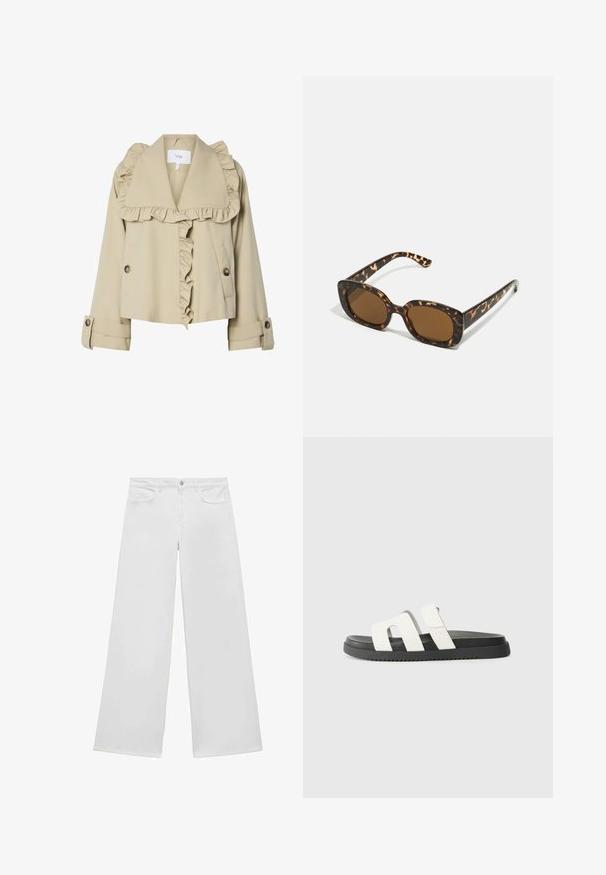 Beige kurze Jacke mit Rüschensaum am Kragen und an der Vorderseite. Verfügt über Knopfverschlüsse und aufgerollte Ärmel, gefertigt aus einem glatten Stoff.; Weißes, geripptes Tanktop mit dünnen Trägern, das auf der Vorderseite ein kleines rotes Levi's-Logo trägt. Schlichtes, figurbetontes Design mit geradem Saum.; Weiße weite Jeans aus Denim mit flachem Bund, zwei Vordertaschen und Knopfverschluss, mit geradem Bein und ohne sichtbare Muster.; Weiße Rutsch-Sandalen mit zwei breiten Riemen, schwarzer Gummisohle, minimalistischem Design und glatter Textur. Geeignet für den Freizeitgebrauch.; Schildpatt-Sonnenbrille mit einem runden, klobigen Rahmen und braunen Gläsern. Verfügt über dezente Muster und gerade, zulaufende Bügel.