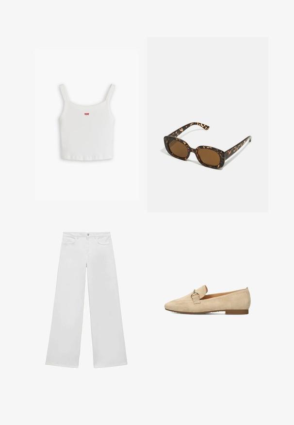 Beige cropped jasje met gerimpelde kraag en voorkant. Voorzien van knoopsluitingen en opgerolde mouwen, gemaakt van een gladde stof.; Witte geribbelde tanktop met dunne schouderbandjes, voorzien van een klein rood Levi's-logo op de voorkant. Eenvoudig, aansluitend ontwerp met een rechte zoom.; Witte wijde jeans van denim met een vlakke voorkant, twee zijzakken en een knoopsluiting, met een rechte pijp en zonder zichtbare patronen.; Beige suède loafers met een spitse neus, platte hak en decoratieve goudkleurige hardware-accent op de schacht. Zachte textuur, minimale details.; Tortoiseshell zonnebril met een ronde, stevige montuur en bruine lenzen. Heeft subtiele patronen en rechte, taps toelopende veren.
