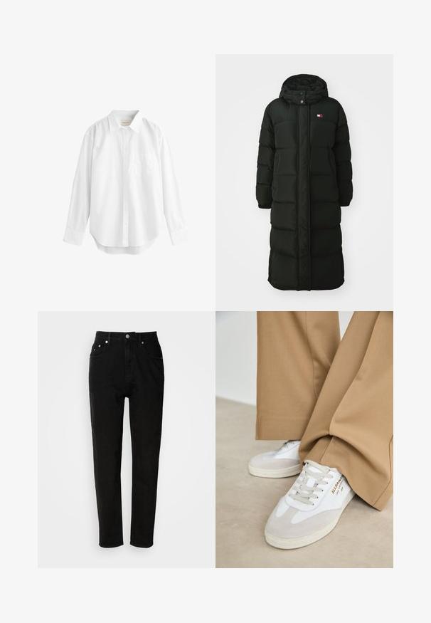 Pitkä musta toppatakki, jossa on huppu, etuvetoketju ja nepparit. Siinä on tilkkutyön kaltainen pinta ja pieni logo rinnassa.; Valkoinen pitkähihaisten paita, joka on valmistettu puuvillasta. Siinä on napitettava kaulus, rintatasku ja kaareva helma. Suora koostumus ja klassinen muotoilu.; Mustat farkut korkealla vyötäröllä, suorat lahkeet, etutaskut ja metallinen nappisuljin. Suuri tekstuuri, jossa on minimalistinen muotoilu.; Valkoiset urheilukengät, joissa on mokka-akcentteja, teksturoitu nauha ja kumipohja. Yhdistetty löysiin ruskeisiin housuihin. Logo näkyvissä sivussa.