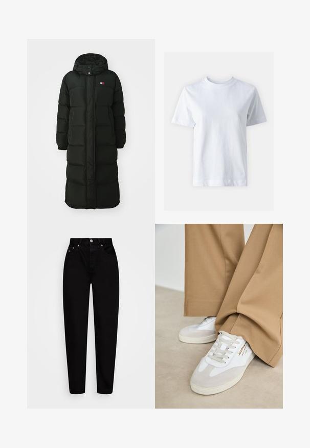 Dlouhý černý péřový kabát s kapucí, disponující předním zipem a patentkami. Má prošívanou strukturu a malé logo na hrudi.; Bílá bavlněná tričko s kulatým výstřihem, krátkými rukávy, rovnym střihem a hladkou strukturou. Bez vzorů a ozdob.; Džíny s vysokým pasem, černé, rovného střihu s předním knoflíkem, pěti kapsami a poutky na opasek, vystavené na bílém pozadí.; Bílé tenisky s semišovými akcenty, texturovanými tkaničkami a gumovou podrážkou. Kombinováno s volnými béžovými kalhotami. Logo umístěné na boční straně.