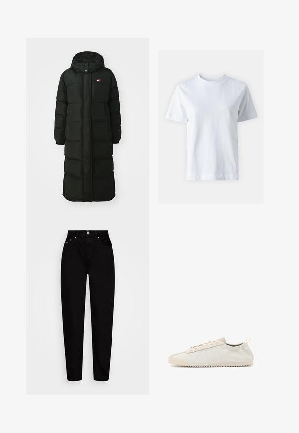 Langer schwarzer Puffer-Mantel mit Kapuze, ausgestattet mit einem Frontreißverschluss und Druckknöpfen. Er hat eine gesteppten Textur und ein kleines Logo auf der Brust.; Weißes Baumwoll-T-Shirt mit Rundhalsausschnitt, kurzen Ärmeln, gerader Schnittführung und glatter Textur. Keine Muster oder Verzierungen.; Schwarz hochtaillierte gerade Jeans mit vorderem Knopf, fünf Taschen und Gürtelschlaufen, auf einem weißen Hintergrund präsentiert.; Cremfarbene Lederturnschuhe mit runder Zehenform, Schnürdesign, strukturierten Akzenten und einer strukturierten Gummi-Sohle mit Zickzack-Traktionsmuster.