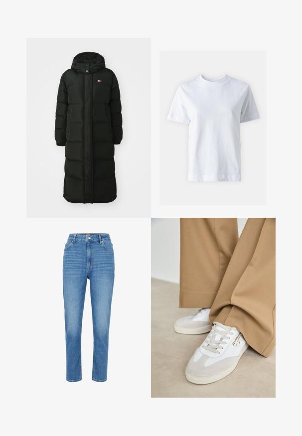 Hosszú fekete pufók kabát kapucnival, elülső cipzárral és patentokkal. Steppelt textúrájú, és egy kis logó található a mellkasán.; Fehér pamut póló kerek nyakkal, rövid ujjal, egyenes szabással és sima textúrával. Nincsenek minták vagy díszítések.; Világoskék, magas derekú farmernadrág egyenes szárakkal, öt zsebbel, gombos záródással és finom kopással az anyagon.; Fehér sportcipők velúr részletekkel, texturált fűzővel és gumitalppal. Laza barackszínű nadrággal párosítva. A logó az oldalon látható.