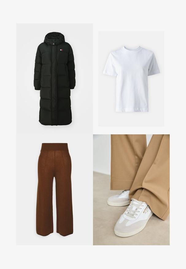 Long black puffer coat with a hood, featuring a front zipper and snap buttons. It has a quilted texture and a small logo on the chest.; White cotton t-shirt with a crew neckline, short sleeves, a straight cut, and smooth texture. No patterns or embellishments.; pure cashmere LOOSE FIT PANTS - Trousers - deep camel; White sneakers with suede accents, textured laces, and a rubber sole. Paired with loose tan trousers. Logo displayed on the side.