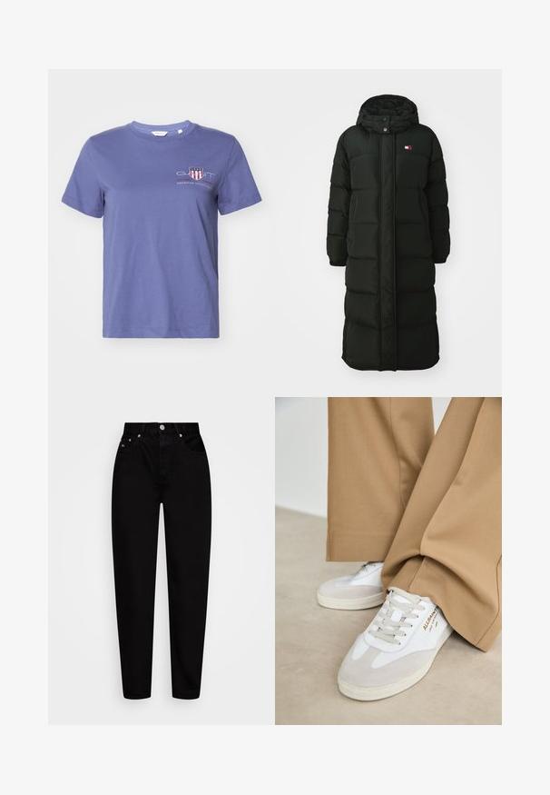 Lang sort pufferjakke med hætte, der har en frontlynlås og trykknapper. Den har en quiltet struktur og et lille logo på brystet.; Lilla bomulds-t-shirt med korte ærmer, rund halsudskæring og et frontgrafik med "GANT" og "AMERICAN SPORTSWEAR" i rød og hvid.; Højtaljede sorte straight-leg jeans med frontknap, fem lommer og bæltestropper, præsenteret på en hvid baggrund.; Hvide sneakers med ruskinddetaljer, strukturerede snørebånd og gummisål. Kombineret med løse, brune bukser. Logoet er vist på siden.