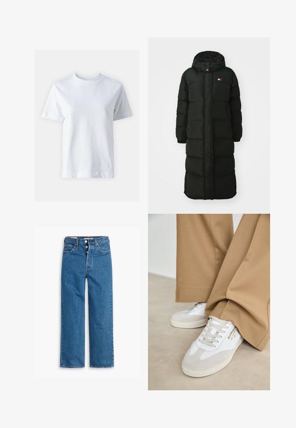 Lang svart dunjakke med hette, med glidelås foran og trykknapper. Den har en quiltet tekstur og en liten logo på brystet.; Hvit bomulls t-skjorte med rund hals, korte ermer, rett snitt og glatt tekstur. Ingen mønstre eller dekorasjoner.; Blå denim straight-leg jeans med høy midje, fem lommer, og knappestolpe. Merkbar søm og kobberfargede nagler.; Hvite sneakers med semsket detaljer, teksturerte lisser og gummisåle. Kombinert med løse beige bukser. Logoen vises på siden.