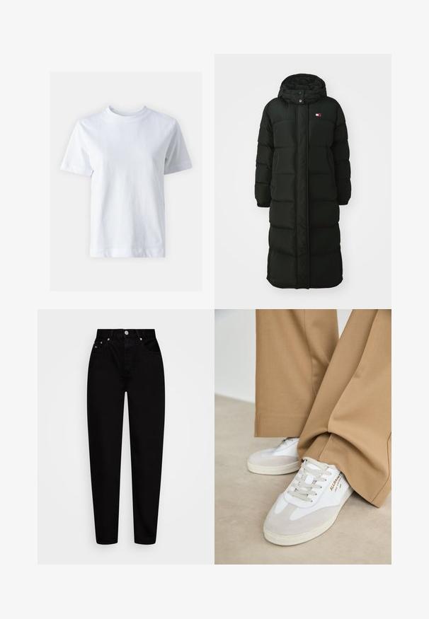 Lungo cappotto nero imbottito con cappuccio, dotato di zip anteriore e bottoni a pressione. Ha una texture trapuntata e un piccolo logo sul petto.; T-shirt bianco in cotone con scollo rotondo, maniche corte, taglio dritto e texture liscia. Nessun motivo o decorazione.; Jeans neri a vita alta dritti con bottone frontale, cinque tasche e passanti per cintura, mostrati su uno sfondo bianco.; Sneakers bianchi con accenti in camoscio, lacci texturizzati e suola in gomma. Abbinati a pantaloni larghi color sabbia. Logo visibile sul lato.