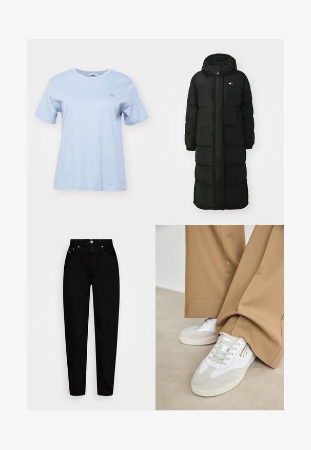 Długi czarny kurtka puchowa z kapturem, z przodu zapinana na zamek błyskawiczny oraz napy. Ma pikowaną teksturę oraz małe logo na piersi.; GANT - T-shirt basic; Czarne jeansy o podwyższonym stanie, proste nogawki, z guzikami z przodu, pięcioma kieszeniami i szlufkami na pasek, prezentowane na białym tle.; Białe trampki z zamszowymi akcentami, teksturowanym sznurowaniem i gumową podeszwą. W połączeniu z luźnymi brązowymi spodniami. Logo umieszczone z boku.