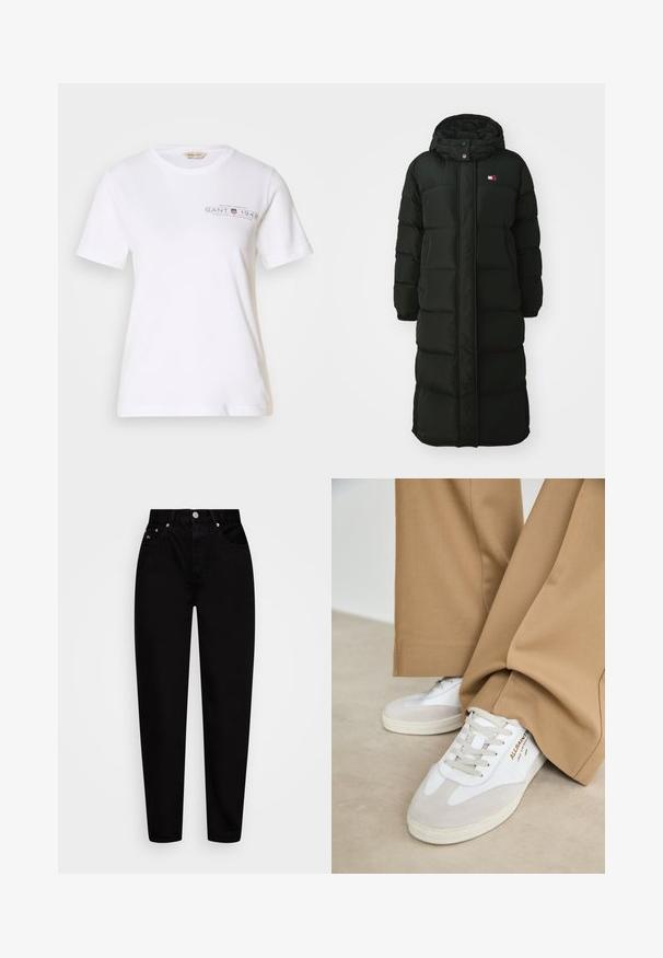 Pitkä musta toppatakki, jossa on huppu, etuvetoketju ja nepparit. Siinä on tilkkutyön kaltainen pinta ja pieni logo rinnassa.; Valkoinen puuvillapaita, jossa on lyhythihaiset hihat, pyöreä pääntie, etuosassa tummanharmaa painettu logo ja teksti. Sujuva pinta.; Korkeavyötäröiset mustat suorat farkut etunapilla, viidellä taskulla ja vyölenkeillä, esitelty valkoista taustaa vasten.; Valkoiset urheilukengät, joissa on mokka-akcentteja, teksturoitu nauha ja kumipohja. Yhdistetty löysiin ruskeisiin housuihin. Logo näkyvissä sivussa.