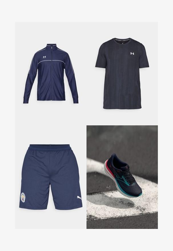 Under Armour CHALLENGER granatowy; Czarny granatowy t-shirt z krótkim rękawem wykonany z oddychającego materiału, z fakturowanym wzorem i białym logo Under Armour na piersi.; Granatowe szorty sportowe wykonane z poliestru, z łatą logo na lewym nogawce i białym akcentem Puma po prawej stronie. Zawierają elastyczny pas.; Granatowe buty do biegania z teksturowaną siateczką, akcentami w kolorze turkusowym i różowym obcasem. Posiadają cushioned białą podeszwę oraz czarne sznurówki.