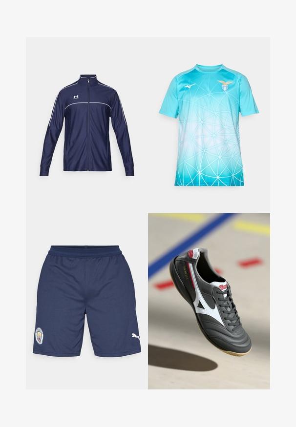 Under Armour CHALLENGER - Training jacket - midnight navy/white; Light blue sports jersey with white geometric web pattern, S.S. Lazio logo on right chest, and Mizuno logo on left chest.; Navy sports shorts made of polyester, featuring a logo patch on the left leg and a white Puma accent on the right. Elastic waistband included.; Gray indoor soccer shoe with black accents, white triangular design, red detailing, and a textured upper. Gum sole for traction.