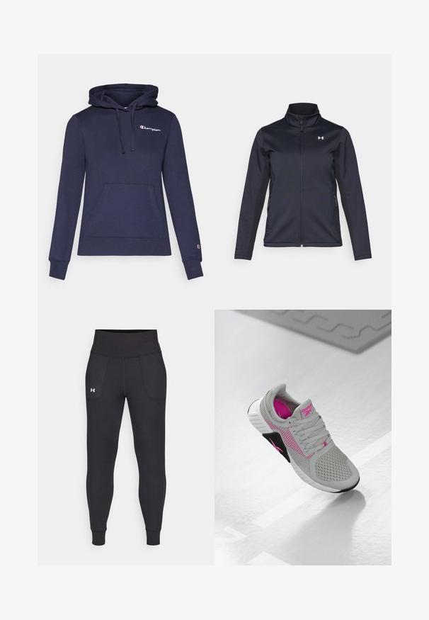 Giacca a vento navy con colletto rialzato, zip frontale a tutta lunghezza e tasche laterali. Realizzata in tessuto leggero e testurizzato con logo del marchio.; Felpa blu navy con tasca a marsupio, cappuccio con cordino e logo Champion in bianco a contrasto. Realizzata in tessuto morbido e strutturato.; Leggings atletici neri realizzati in materiale elastico, con un alto giro vita, tasche laterali e polsini aderenti alla caviglia.; Sneaker atletica Reebok grigia e rosa con tomaia in mesh e suola dettagliata, esposta su una superficie bianca riflettente.