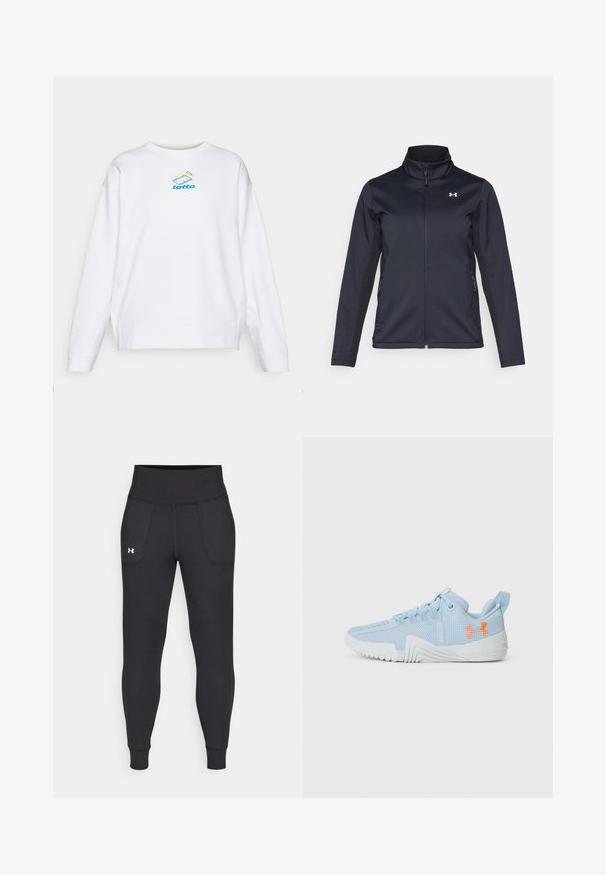 Ναυτικό μπουφάν με όρθιο γιακά, πλήρη μπροστινό φερμουάρ και πλαϊνές τσέπες. Κατασκευασμένο από ελαφρύ, υφασμάτινο υλικό με επώνυμο λογότυπο.; Λευκή ζακέτα με γύρο λαιμό, μακριά μανίκια και ένα μικρό πολυχρωμο λογότυπο "Lotto" στο στήθος. Απαλή, λεία υφή.; Μαύρα αθλητικά κολάν κατασκευασμένα από ελαστικό υλικό, με ψηλή μέση, πλαϊνές τσέπες και στενές μανσέτες στον αστράγαλο.; Αθλητικό παπούτσι σε ανοιχτό μπλε χρώμα, κατασκευασμένο από πλέγμα με υφή στην σόλα, διαθέτει πορτοκαλί λογότυπο και σχέδιο με κορδόνια.