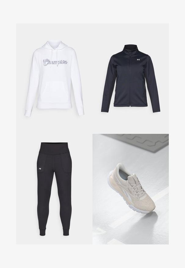 Giacca a vento navy con colletto rialzato, zip frontale a tutta lunghezza e tasche laterali. Realizzata in tessuto leggero e testurizzato con logo del marchio.; Felpa bianca realizzata in morbido tessuto, con tasca frontale e cappuccio regolabile con cordino. Logo "Champion" in corsivo sul petto.; Leggings atletici neri realizzati in materiale elastico, con un alto giro vita, tasche laterali e polsini aderenti alla caviglia.; Scarpa atletica di un beige chiaro con tomaia perforata, accenti testurizzati, collo imbottito e suola in gomma bianca, progettata per comfort e traspirabilità.