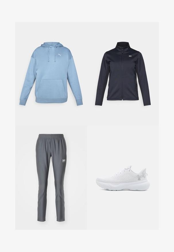 Veste coupe-vent marine avec col montant, fermeture éclair frontale intégrale et poches latérales. Fabriquée en tissu léger et texturé avec un logo de marque.; Hoodie bleu clair en tissu doux, avec une poche kangourou à l'avant, un cordon de serrage pour la capuche et un petit logo blanc sur la poitrine.; Pantalons de sport gris en matériau lisse et léger avec une taille élastique et des jambes effilées, arborant un petit logo blanc.; Baskets blanches avec une tige en mesh texturé, design à lacets, col rembourré et semelle blanche matelassée. Présente un logo subtil sur le côté.