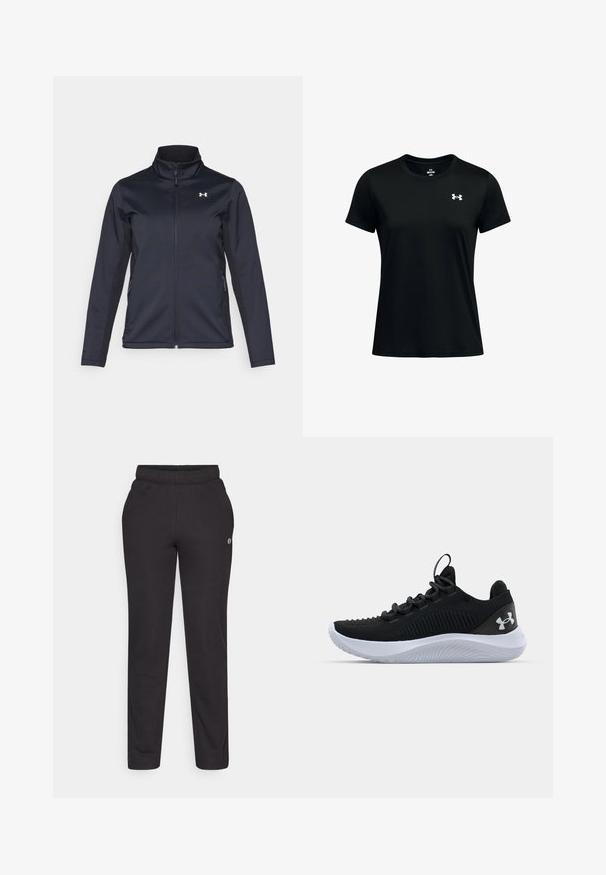 Mornarska vetrovka z uspravnim ovratnikom, polnim sprednjim zadrgo in stranskimi žepi. Narejena iz lahkega, strukturnega materiala z blagovno znamko.; Črna majica s kratkimi rokavi iz gladkega, lahkega materiala. Ima krožni izrez in majhen bel logotip na levem prsnem delu.; Črne trenirke iz mehkega materiala, z elastičnim pasom, ravnimi hlačnicami in majhnim logotipom na strani.; Črne športne copate z zračnim mrežastim zgornjim delom, strukturnimi detajli in belo gumijasto podplat. Imajo ravne vezalke in zanko na peti.