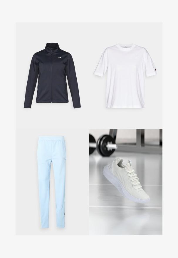 Jūrų laivyno vėjyje nepralaidi striukė su stovinčiu apykakle, pilnu priekiniu užtrauktuku ir šoninėmis kišenėmis. Pagaminta iš lengvo, tekstūrinio audinio su prekinio ženklo logotipu.; Balta medvilnės marškinėliai su apvaliu iškirpimu, trumpomis rankovėmis ir mažu logotipu kairėje krūtinės pusėje. Yra laisvas kirpimas ir vientisa spalva.; Šviesiai mėlynos sportinės kelnės su švelniu paviršiumi, elastinga juosmens juosta ir subtiliu raštu. Ant klubų yra logotipas, o apatine dalimi puošia spalviniai akcentai.; Balti sportiniai batai su tekstūruota tinklelio viršutine dalimi ir raištelių sistema, turintys paminkštintą baltą pado ir subtilius įdubimus.