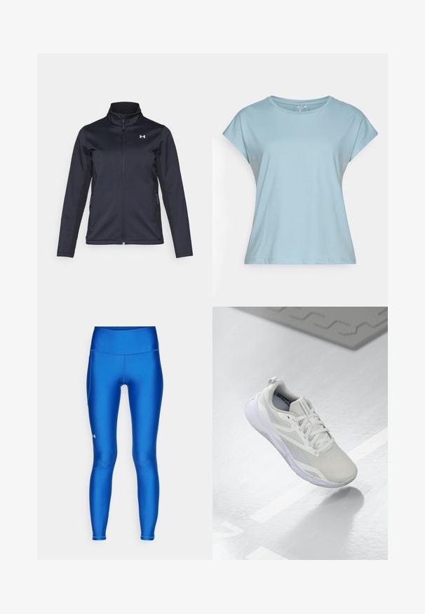 Marine windbreakerjack met opstaande kraag, volledige ritssluiting aan de voorkant en zijzakken. Gemaakt van lichtgewicht, gestructureerde stof met een merkembleem.; Lichtblauwe t-shirt met korte mouwen, gemaakt van zachte stof. Heeft een ronde halslijn, een relaxte pasvorm en gestikte zomen. Geen patronen of versieringen.; Blauwe sportleggings met een gladde, glanzende textuur. Hoge tailleband en een aansluitend ontwerp met een klein wit logo op de onderste linkerpijp.; Witte sportieve schoen met een bovenwerk van mesh, een gevoerde tong en een witte rubberen zool. Opvallende accenten zijn de lichtgrijze details en het treklipje.
