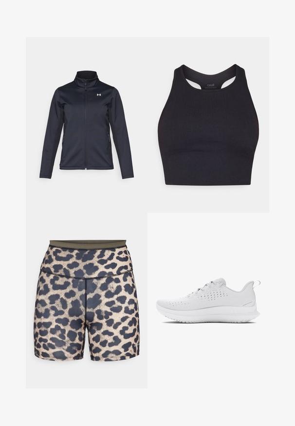 Námořnická větrovka s vysokým límcem, plným předním zipem a bočními kapsami. Vyrobena z lehké, strukturované látky s logem značky.; Černý sportovní crop top vyrobený z žebrovaného materiálu, s bezrukávovým designem a zaobleným výstřihem s výřezy.; Dámské šortky s leopardím vzorem a tmavým pasem, vyrobené z hladkého syntetického materiálu. Obsahují černé a béžové vzory, šité švy a detail loga.; Světlé šedé sportovní boty s texturovaným svrškem, perforacemi pro prodyšnost a gumovou podrážkou s výrazným vzorem.
