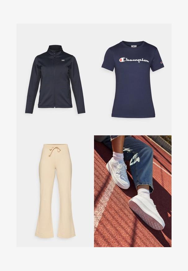 Mornarska vetrovka z uspravnim ovratnikom, polnim sprednjim zadrgo in stranskimi žepi. Narejena iz lahkega, strukturnega materiala z blagovno znamko.; Temno modra bombažna majica s kratkimi rokavi, z belim logotipom "Champion". Redna prileganje s krožnim ovratnikom in mehko teksturo.; Bežne splošne trenirke s širšo nogo in vrvico v pasu, narejene iz mehkega materiala, z gladko teksturo in minimalnimi šivi.; Bele usnjene športne copate s perforiranim prstom, ravne vezalke in gumijastim podplatom. Obute z belimi nogavicami in svetlo modrimi kavbojkami, na rdečem tekaškem stadionu.