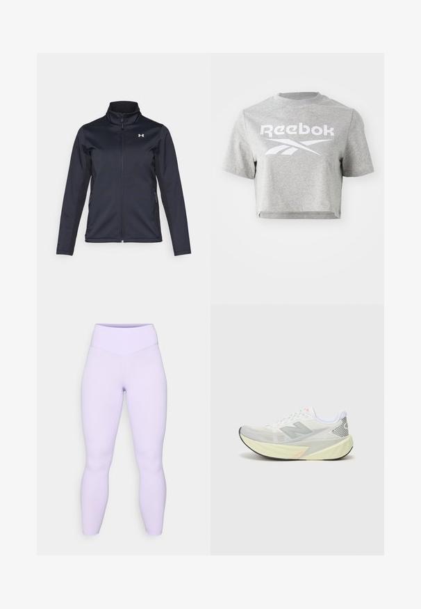 Laivaston tuulenpitävä takki, jossa on pystykaulus, täyspitkä vetoketju ja sivutaskut. Valmistettu kevyestä, teksturoidusta kankaasta, jossa on brändätty logo.; Harmaa lyhythihainen t-paita, joka on valmistettu puuvillasta. Paidassa on pyöreä pääntie ja lyhyet hihat, sekä valkoinen "Reebok" -teksti ja logo painettuna etuosaan.; Laventelit legginsit, joissa on korkea vyötärö, sileä pinta ja istuva muotoilu, jotka ulottuvat nilkkoihin ilman näkyviä saumoja tai kuvioita.; Kevyt juoksukenkä, jossa on harmaa ja valkoinen verkkomateriaali, huomattava 'N' logo sekä keltainen välipohja, jossa on kaltevia yksityiskohtia. Musta ulkopohja.
