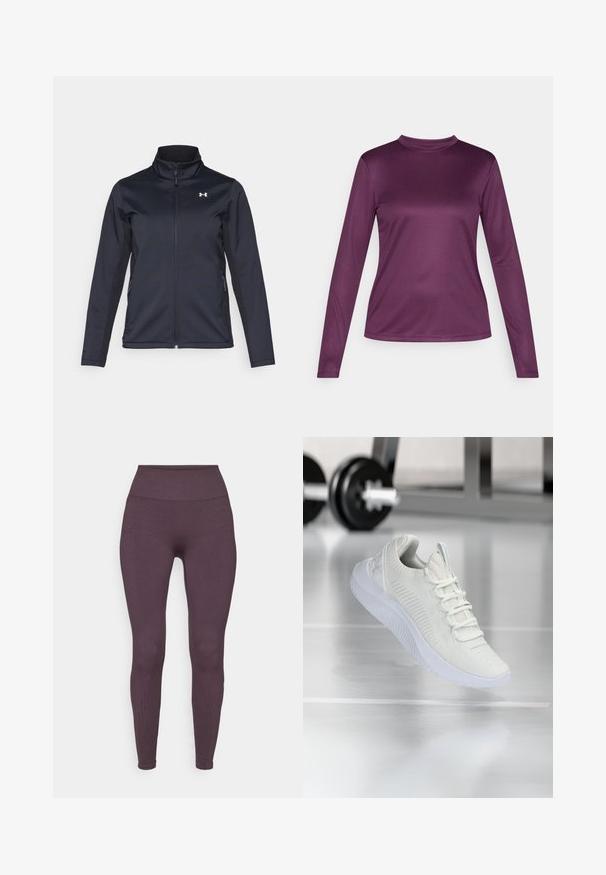 Navy windbreaker jacket with stand-up collar, full front zipper, and side pockets. Made from lightweight, textured fabric with a branded logo.; Long-sleeve top made of smooth, stretchy purple fabric with a mock neck design, featuring a fitted silhouette and flat seams.; Fabletics SEAMLESS HIGH WAISTED LEGGING - Leggings - deep plum; White athletic sneaker with a textured mesh upper and lacing system, featuring a cushioned white sole and subtle ribbed accents.