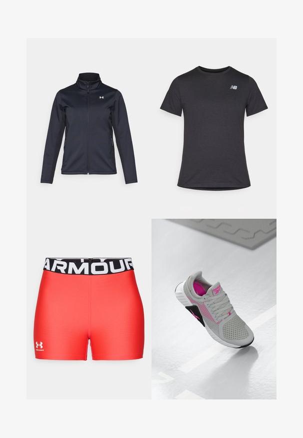 Tengerészkék szélálló dzseki, állógallérral, teljes hosszúságú cipzárral és oldalsó zsebekkel. Könnyű, struktúrált anyagból készült, márkás logóval.; Fekete, rövid ujjú póló puha anyagból, a bal felső mellrészen egy kis szürke New Balance logóval, klasszikus kerek nyakú fazonnal.; Piros sportnadrág fekete derékkal, amelyen az "ARMOUR" felirat található. Simító felület, az alsó bal oldalon fehér hímzett logóval.; Szürke és rózsaszín Reebok sportcipő, hálós felső résszel és részletes talppal, tükröződő fehér felületen kiállítva.