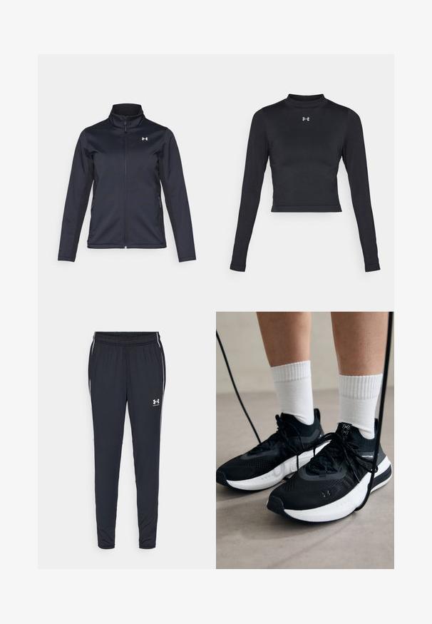 Navy windbreaker jacket with stand-up collar, full front zipper, and side pockets. Made from lightweight, textured fabric with a branded logo.; Black long-sleeve crop top made of smooth, stretchy fabric featuring a high neckline and a small reflective logo on the chest.; Black athletic pants made of lightweight fabric, featuring a tapered design, elastic waistband, and white side stripes with a logo.; Black athletic shoes with textured fabric, white sole, and black laces. Worn with white ribbed socks, standing on a light surface.