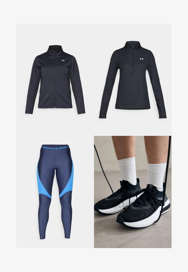 Marine windbreakerjack met opstaande kraag, volledige ritssluiting aan de voorkant en zijzakken. Gemaakt van lichtgewicht, gestructureerde stof met een merkembleem.; Zwarte longsleeve pullover met een kwart-rits kraag, gestructureerde stof, slim fit en een wit logo op de linker borst.; Navy legging met lichtblauwe accenten, gemaakt van een gladde, rekbare stof. Heeft een brede tailleband met het merkje in het blauw.; Zwarte sportschoenen van gestructureerde stof, met een witte zool en zwarte veters. Draag ze met witte geribde sokken, staand op een lichte ondergrond.