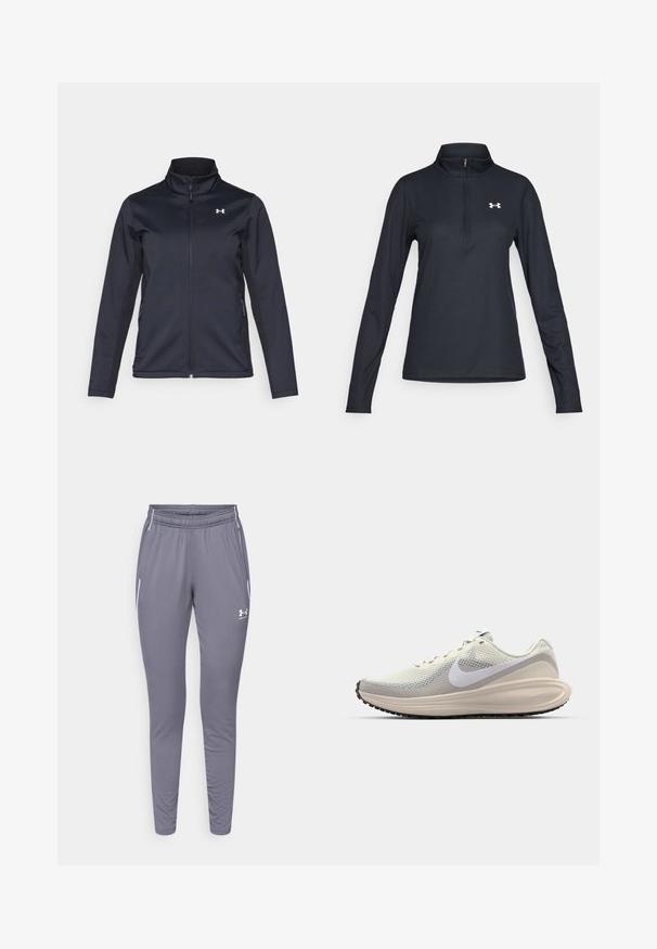 Tengerészkék szélálló dzseki, állógallérral, teljes hosszúságú cipzárral és oldalsó zsebekkel. Könnyű, struktúrált anyagból készült, márkás logóval.; Fekete, hosszú ujjú pulóver negyedcipzárral, struktúrált anyagból, karcsú szabásban, fehér logóval a bal mellkasi részen.; Szürke, karcsú fazonú sportnadrág, sima anyagból készült. Rugalmas derékpánttal rendelkezik, és két oldalzsebe fehér díszítéssel ellátott.; Világosszürke hálós felsőrészű sportcipők, fehér Nike logóval, párnázott középtalppal, karcsú formával és fekete gumitalppal, amelynek mintázata van.