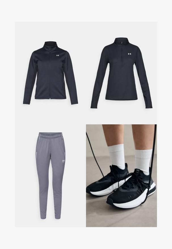 Jūrų laivyno vėjyje nepralaidi striukė su stovinčiu apykakle, pilnu priekiniu užtrauktuku ir šoninėmis kišenėmis. Pagaminta iš lengvo, tekstūrinio audinio su prekinio ženklo logotipu.; Juodas ilgomis rankovėmis megztinis su ketvirčio užtrauktuku, tekstūruotas audinys, siauras kirpimas ir baltas logotipas kairėje krūtinės pusėje.; Pilkos sportinės kelnės, priglundančios prie kūno, pagamintos iš lygaus audinio. Turi elastingą juosmenį ir dvi šonines kišenes su baltomis detalėmis.; Juodi sportiniai batai su tekstūruotu audiniu, balta padu ir juodais raiščiais. Dėvimi su baltais raištiniais kojiniais, stovint lengvame paviršiuje.