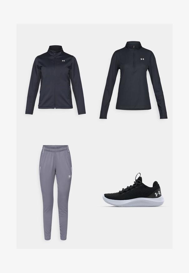 Marineblaue Windjacke mit Stehkragen, durchgehendem Reißverschluss und Seitentaschen. Aus leichtem, strukturiertem Material mit einem Markenlogo.; Schwarzer Langarm-Pullover mit einem Viertel-Reißverschluss-Kragen, strukturiertem Stoff, slim fit und weißem Logo auf der linken Brustseite.; Grau athletic Pants mit Slim Fit, aus glattem Stoff gefertigt. Verfügt über einen elastischen Bund und zwei seitliche Taschen mit weißen Akzenten.; Schwarze Sportschuhe mit einem atmungsaktiven Mesh-Obermaterial, strukturierten Details und einer weißen Gummisohle. Ausgestattet mit flachen Schnürsenkeln und einer Zuglasche an der Ferse.