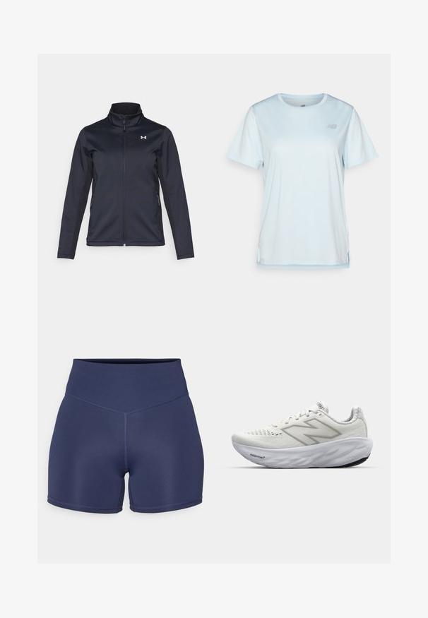 Giacca a vento navy con colletto rialzato, zip frontale a tutta lunghezza e tasche laterali. Realizzata in tessuto leggero e testurizzato con logo del marchio.; New Balance T-Shirt sport - frosted glass; Shorts sportivi blu navy realizzati in materiale elasticizzato con una vita alta, caratterizzati da cuciture senza giunture e un design aderente.; Scarpe sportive bianche con tomaia in rete, dotate di collo imbottito, suola testurizzata e il marchio "Fresh Foam" sulla intersuola.
