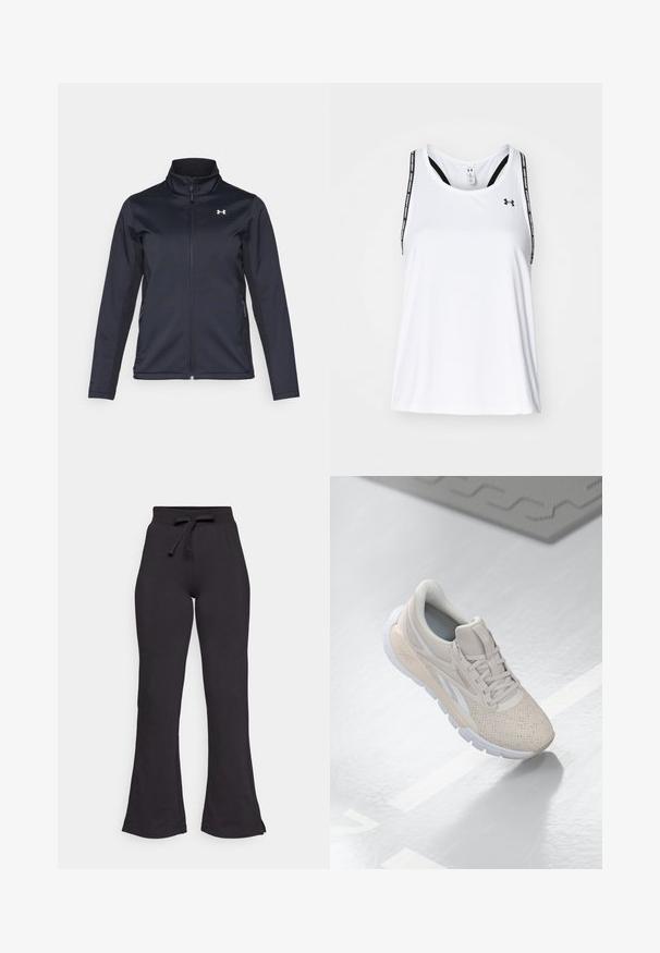 Marine windbreakerjack met opstaande kraag, volledige ritssluiting aan de voorkant en zijzakken. Gemaakt van lichtgewicht, gestructureerde stof met een merkembleem.; Witte sportieve tanktop met dunne zwarte bandjes, voorzien van logo en tekstprint, gemaakt van lichte, ademende stof; losse pasvorm.; Zwarte flare zwempants van zachte stof, met een tailleband met trekkoord en een gladde textuur. Ontworpen voor comfort en gemakkelijk dragen.; Lichtbeige sportieve schoen met een geperforeerde bovenkant, textuurverwerking, gewatteerde kraag en een witte rubberen zool, ontworpen voor comfort en ademend vermogen.