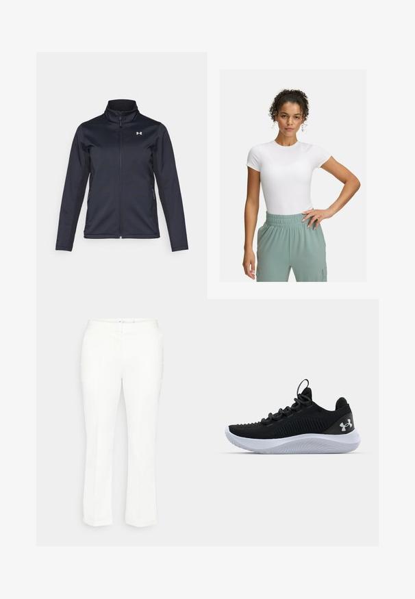Niebieska kurtka wiatrówka z stojącym kołnierzem, pełnym zamkiem z przodu i bocznymi kieszeniami. Wykonana z lekkiego, teksturowanego materiału z logo marki.; Biała dopasowana koszulka z krótkimi rękawami, w połączeniu z jasnzielonymi spodniami na elastycznym pasie. Gładka tekstura, minimalistyczny design i brak widocznych wzorów.; Białe spodnie o prostym kroju z płaskim pasem, subtelnymi detalami wzdłuż nogawek i bez widocznych kieszeni. Gładka faktura, klasyczny design.; Czarne buty sportowe z przewiewną siateczką na górze, teksturowanymi detalami i białą gumową podeszwą. Posiadają płaskie sznurówki i uchwyt na pięcie.