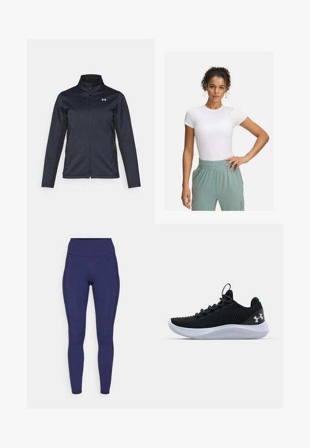 Giacca a vento navy con colletto rialzato, zip frontale a tutta lunghezza e tasche laterali. Realizzata in tessuto leggero e testurizzato con logo del marchio.; T-shirt bianca aderente con maniche corte, abbinata a pantaloni con elastico in vita di colore verde chiaro. Texture liscia, design minimalista e nessun motivo visibile.; Leggings a vita alta navy realizzati in tessuto elasticizzato. Presentano cuciture piatte e una vestibilità aderente, con due tasche laterali per riporre gli oggetti.; Scarpe sportive nere con una tomaia in mesh traspirante, dettagli testurizzati e una suola in gomma bianca. Presentano lacci piatti e un passante sul tallone.
