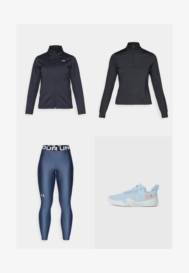 Casaco corta-vento azul-marinho com gola alta, fecho éclair frontal completo e bolsos laterais. Feito de um tecido leve e texturizado com um logótipo da marca.; Pullover preto de manga longa com colarinho alto e fecho de correr, feito de tecido suave. Apresenta mangas ajustadas e um design cropped.; Leggings justas azul marinho com uma textura suave, cintura elástica exibindo "UNDER ARMOUR" em branco, e detalhe do logotipo na parte inferior da perna.; Sapatilha atlética azul clara feita de material em malha com uma sola texturizada, apresentando um logo laranja e um design com atacadores.