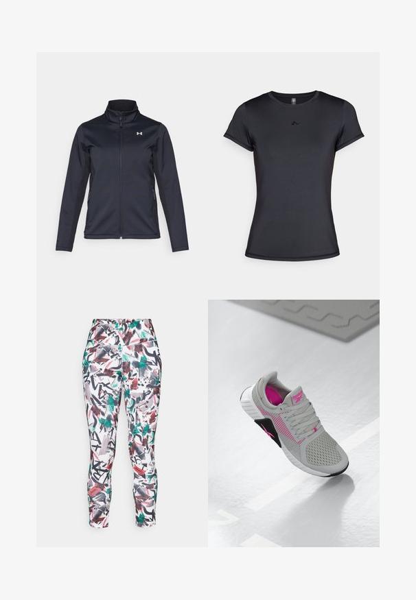 Mornarska vetrovka z uspravnim ovratnikom, polnim sprednjim zadrgo in stranskimi žepi. Narejena iz lahkega, strukturnega materiala z blagovno znamko.; Črna kratka majica s kratkimi rokavi, izdelana iz gladkega, zračnega materiala, z minimalističnim logotipom na sprednji strani. Klasičen okrogel izrez.; Tiani tesna leginga z barvitim abstraktnim vzorcem v rdeči, zeleni in črni barvi na beli podlagi. Narejena iz raztegljivega materiala.; Sivi in roza Reebok športni čevlji z mrežastim zgornjim delom in podrobno podplatom, prikazani na odsevni beli površini.