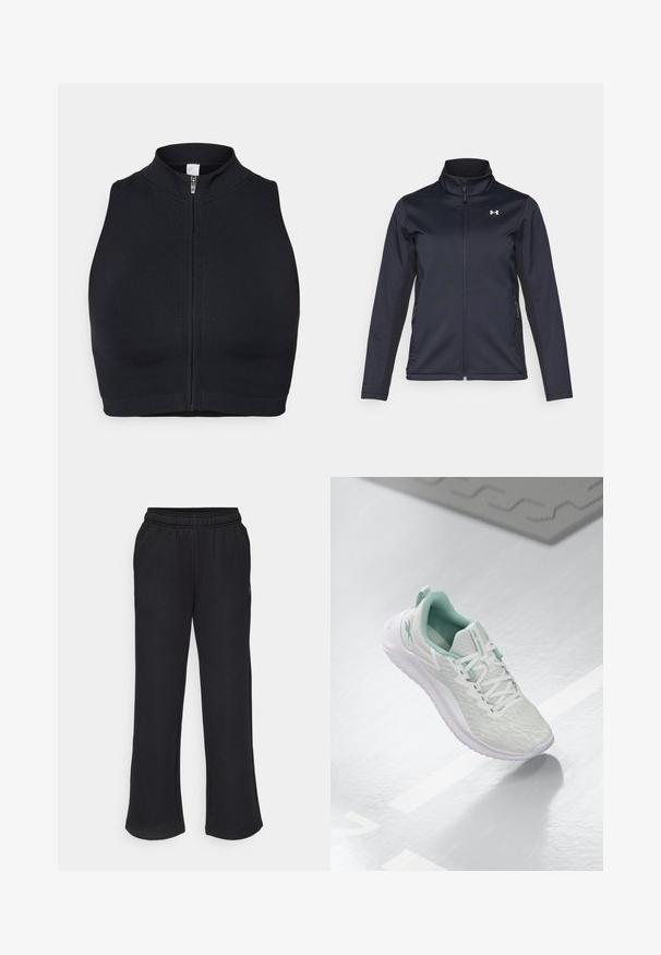 Laivaston tuulenpitävä takki, jossa on pystykaulus, täyspitkä vetoketju ja sivutaskut. Valmistettu kevyestä, teksturoidusta kankaasta, jossa on brändätty logo.; Musta urheilullinen crop-top, jossa on korkea kaulus ja vetoketju edessä. Valmistettu joustavasta kankaasta, jossa on sileä pinta ja vähäiset saumat.; Mustat verkkarit, joissa on levenevä muoto, joustava vyötärö ja sivutaskut. Valmistettu pehmeästä kankaasta, jossa ei ole näkyviä kuvioita tai yksityiskohtia.; Vaaleanharmaa urheilujalkine, jossa on teksturoitu neulepäällinen, mintunvihreät yksityiskohdat, valkoiset nauhat, kumipohja ja vetolenkki kannassa.