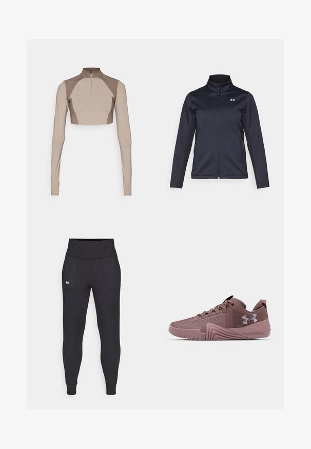 Casaco corta-vento azul-marinho com gola alta, fecho éclair frontal completo e bolsos laterais. Feito de um tecido leve e texturizado com um logótipo da marca.; Top cropped de manga longa beige com gola alta, fecho de zíper de um quarto e detalhes de design texturizados nos ombros. Feito de um tecido elástico e suave.; Leggings atléticos pretos, feitos de material elástico, com uma cintura alta, bolsos laterais e punhos ajustados no tornozelo.; Ténis de desporto de cor rosa escura com parte superior em malha texturada, sola de borracha e padrão de aderência pronunciado; apresenta logo lateral e colarinho acolchoado.