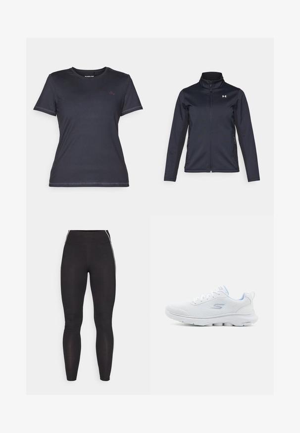 Marineblå vindjakke med oppstående krage, hel glidelås foran og sidelommer. Laget av lett, teksturert stoff med et merket logo.; Kortermet t-skjorte med rund hals i mørk marineblå, med en glatt tekstur og kontrasterende rosa logo-accent på brystet.; Svart tights laget av elastisk materiale med høy midje. Har hvite side-striper og en jevn tekstur gjennom hele.; Hvit treningssko med en pustende mesh-overdel, lyseblå detaljer, og en polstret såle med et teksturert gripe mønster.