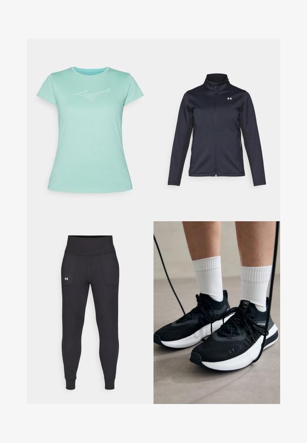 Chaqueta cortavientos de color navy con cuello alto, cremallera frontal completa y bolsillos laterales. Está hecha de un tejido ligero y texturizado con un logo de la marca.; Camiseta verde menta hecha de algodón suave. Presenta un escote redondo y mangas cortas, con un logotipo blanco impreso en el pecho.; Leggings deportivos negros hechos de material elástico, con una cintura alta, bolsillos laterales y puños ajustados en el tobillo.; Zapatillas deportivas negras con tela texturizada, suela blanca y cordones negros. Llevadas con calcetines blancos de canalé, de pie sobre una superficie clara.