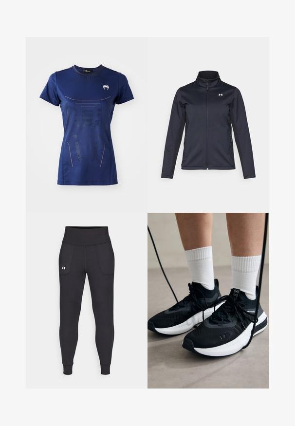 Ναυτικό μπουφάν με όρθιο γιακά, πλήρη μπροστινό φερμουάρ και πλαϊνές τσέπες. Κατασκευασμένο από ελαφρύ, υφασμάτινο υλικό με επώνυμο λογότυπο.; Ναυτικό μπλε αθλητικό T-shirt κατασκευασμένο από μαλακό ύφασμα, με στοιχεία διάτρητης σχεδίασης και λογότυπο στο στήθος. Κοντά μανίκια και στρογγυλή λαιμόκοψη.; Μαύρα αθλητικά κολάν κατασκευασμένα από ελαστικό υλικό, με ψηλή μέση, πλαϊνές τσέπες και στενές μανσέτες στον αστράγαλο.; Μαύρα αθλητικά παπούτσια με υφασμάτινη υφή, λευκή σόλα και μαύρα κορδόνια. Φορεμένα με λευκές ριγέ κάλτσες, στέκονται σε ελαφριά επιφάνεια.