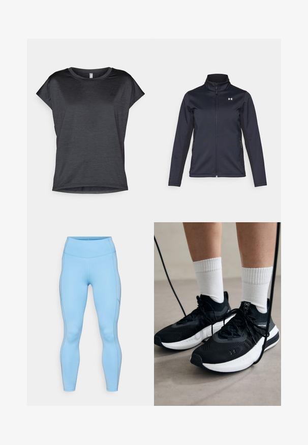 Marine windbreakerjack met opstaande kraag, volledige ritssluiting aan de voorkant en zijzakken. Gemaakt van lichtgewicht, gestructureerde stof met een merkembleem.; Korte mouwen, donkergrijze T-shirt met een ronde halslijn, gemaakt van lichtgewicht stof, met een gladde textuur en een relaxte pasvorm.; Lichtblauwe leggings van rekbaar materiaal. Beschikt over een hoge tailleband, een soepele textuur en gebogen naden langs de benen.; Zwarte sportschoenen van gestructureerde stof, met een witte zool en zwarte veters. Draag ze met witte geribde sokken, staand op een lichte ondergrond.