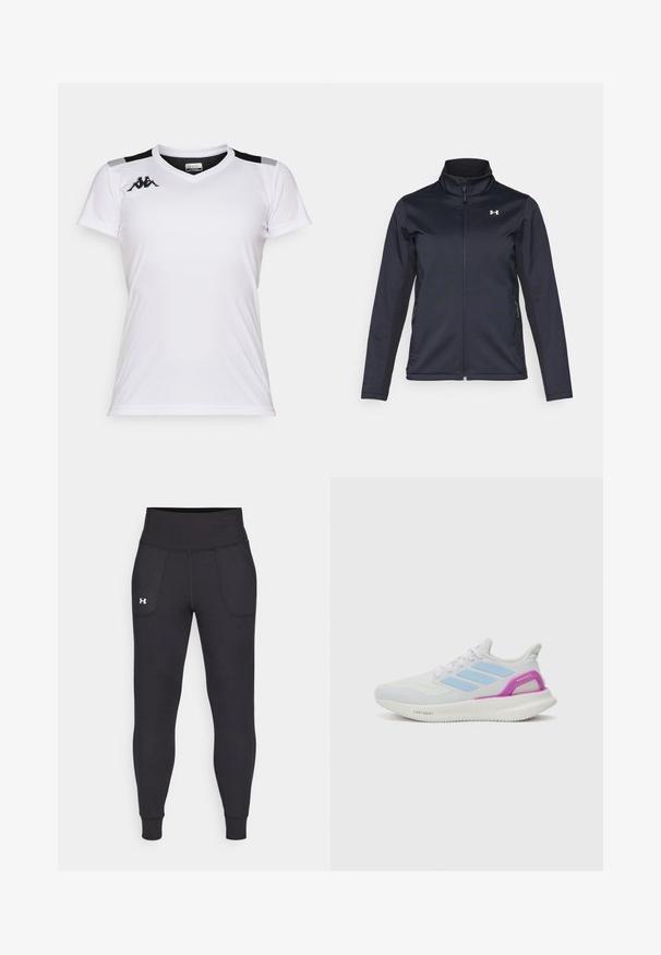 Námornícky vetrovka s vysokým golierom, plným zipsom na prednej strane a bočnými vreckami. Vyrobená z ľahkej textúrovanej látky s logom značky.; Biela športová košeľa z ľahkého materiálu. Má výstrih do V, krátke rukávy a čierne akcenty na pleciach. Na hrudi je logo Kappa.; Čierne športové legíny vyrobené z elastického materiálu, s vysokým pásom, bočnými vreckami a priliehajúcimi manžetami na členkoch.; adidas Performance PUREBOOST 5 - Cestná bežecká obuv - white/glow blue/purple burst