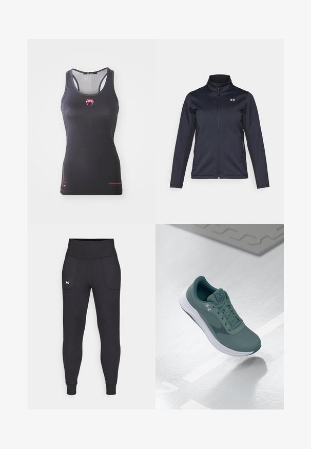 Jachetă de vânt de culoare navy cu guler în picioare, fermoar complet în față și buzunare laterale. Fabricată dintr-un material texturat, ușor, cu un logo de marcă.; Top negru fără mâneci cu un design ajustat, având un logo roz și accente texturate pe piept. Țesătură fină și stil racerback.; Leggings negre atletice realizate dintr-un material elastic, cu talie înaltă, buzunare pe lateral și manșete ajustate la gleznă.; Încălțăminte de alergare Under Armour de culoare verde închis cu talpă albă, afișată plutind deasupra unei suprafețe reflectorizante, cu sforile legate.
