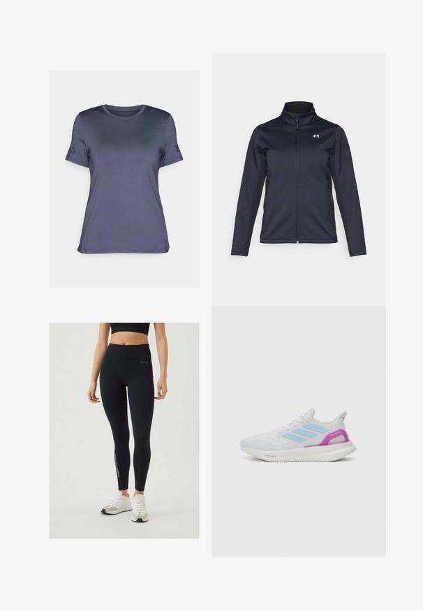Tengerészkék szélálló dzseki, állógallérral, teljes hosszúságú cipzárral és oldalsó zsebekkel. Könnyű, struktúrált anyagból készült, márkás logóval.; Rövid ujjú, sötétszürke sportpóló sima anyagból, kerek nyakkivágással és logóval a bal ujján.; Björn Borg RUNNING - Leggingek - black; adidas Performance PUREBOOST 5 - Utcai futócipők - white/glow blue/purple burst