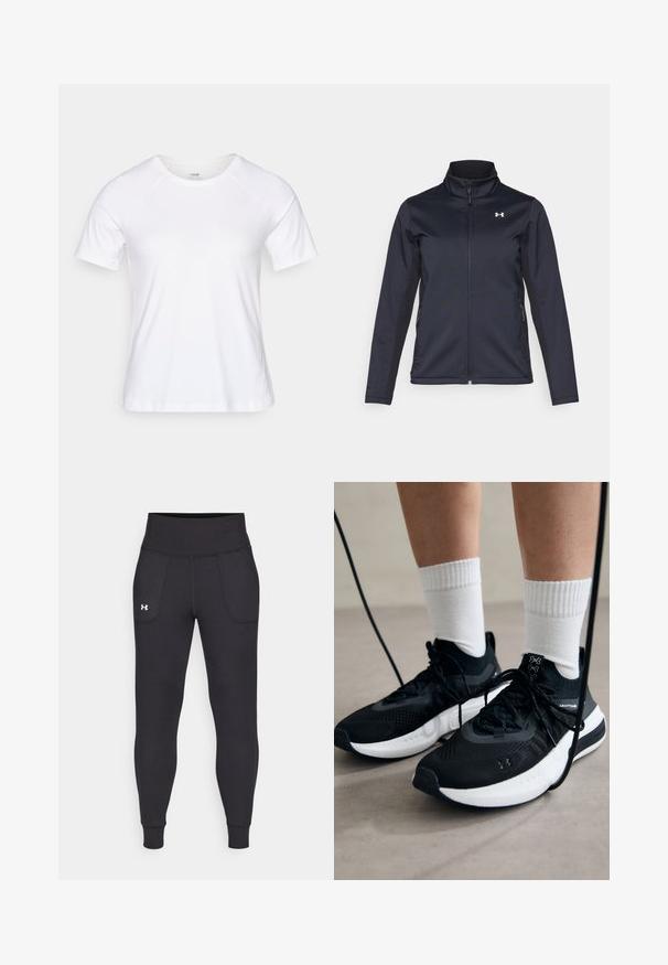 Giacca a vento navy con colletto rialzato, zip frontale a tutta lunghezza e tasche laterali. Realizzata in tessuto leggero e testurizzato con logo del marchio.; T-shirt bianco a maniche corte realizzato in morbido tessuto di cotone misto, con scollatura rotonda e maniche raglan, morbido al tatto e senza fantasie.; Leggings atletici neri realizzati in materiale elastico, con un alto giro vita, tasche laterali e polsini aderenti alla caviglia.; Scarpe sportive nere con tessuto testurizzato, suola bianca e lacci neri. Indossate con calzini bianchi a costine, in piedi su una superficie chiara.